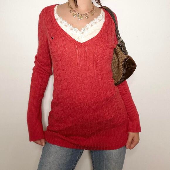 Y2k american eagle melon colored vneck knit sweater - Picture 2 of 6